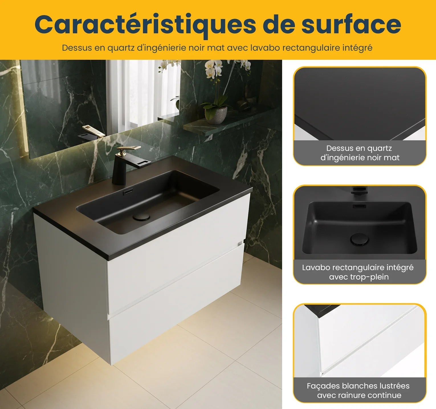 30" White Wall Mount Bathroom Vanity with Black Engineered Quartz Countertop