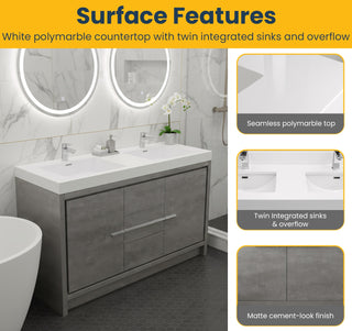 60" Cement Freestanding Double Sink Bathroom Vanity with White Polymarble Countertop