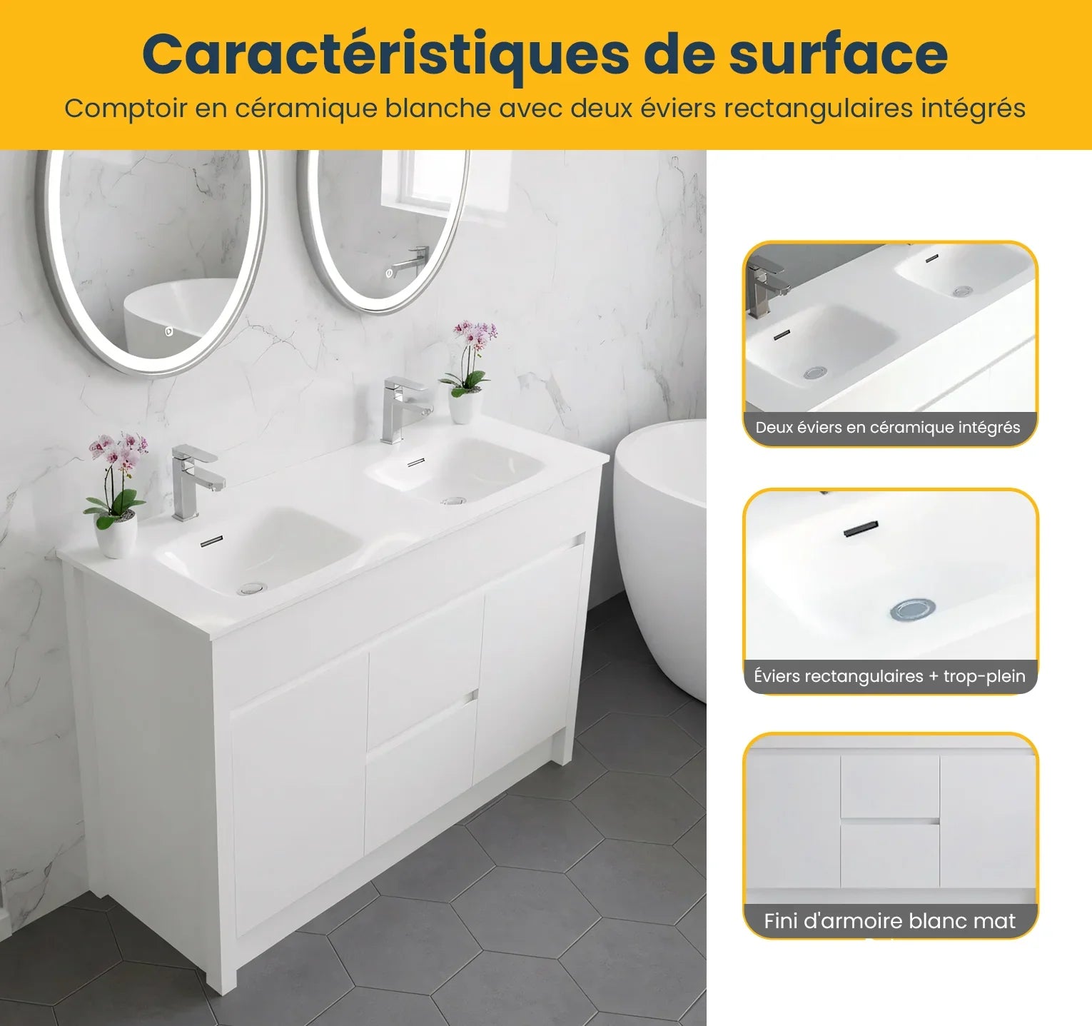 Meuble-Lavabo Autoportant 48po Blanc Mat avec Comptoir de Céramique Blanc