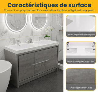 60" Cement Freestanding Double Sink Bathroom Vanity with White Polymarble Countertop