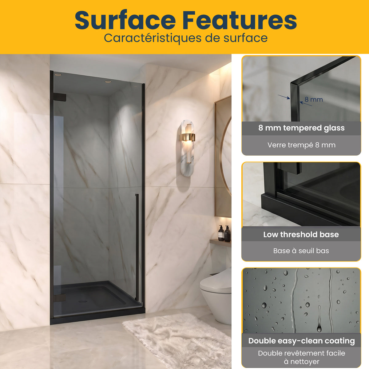 29.9"–30.3" W (Adjustable Width) x 79" H Frameless Reversible Pivot Shower Door in Matte Black with Black Tinted Glass and 32" Glossy Black Acrylic Shower Base