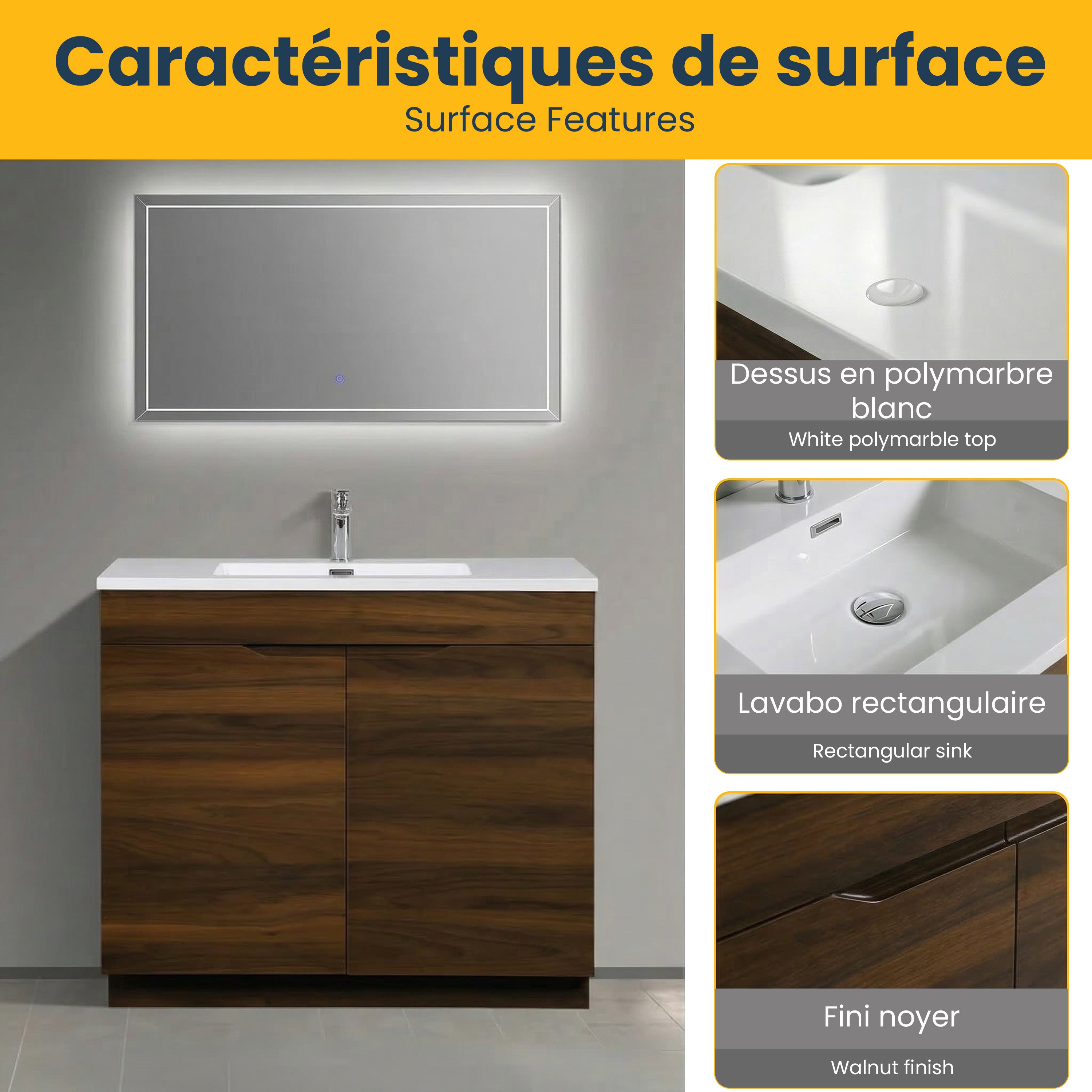 36" Walnut Freestanding Single Sink Bathroom Vanity with White Polymarble Countertop