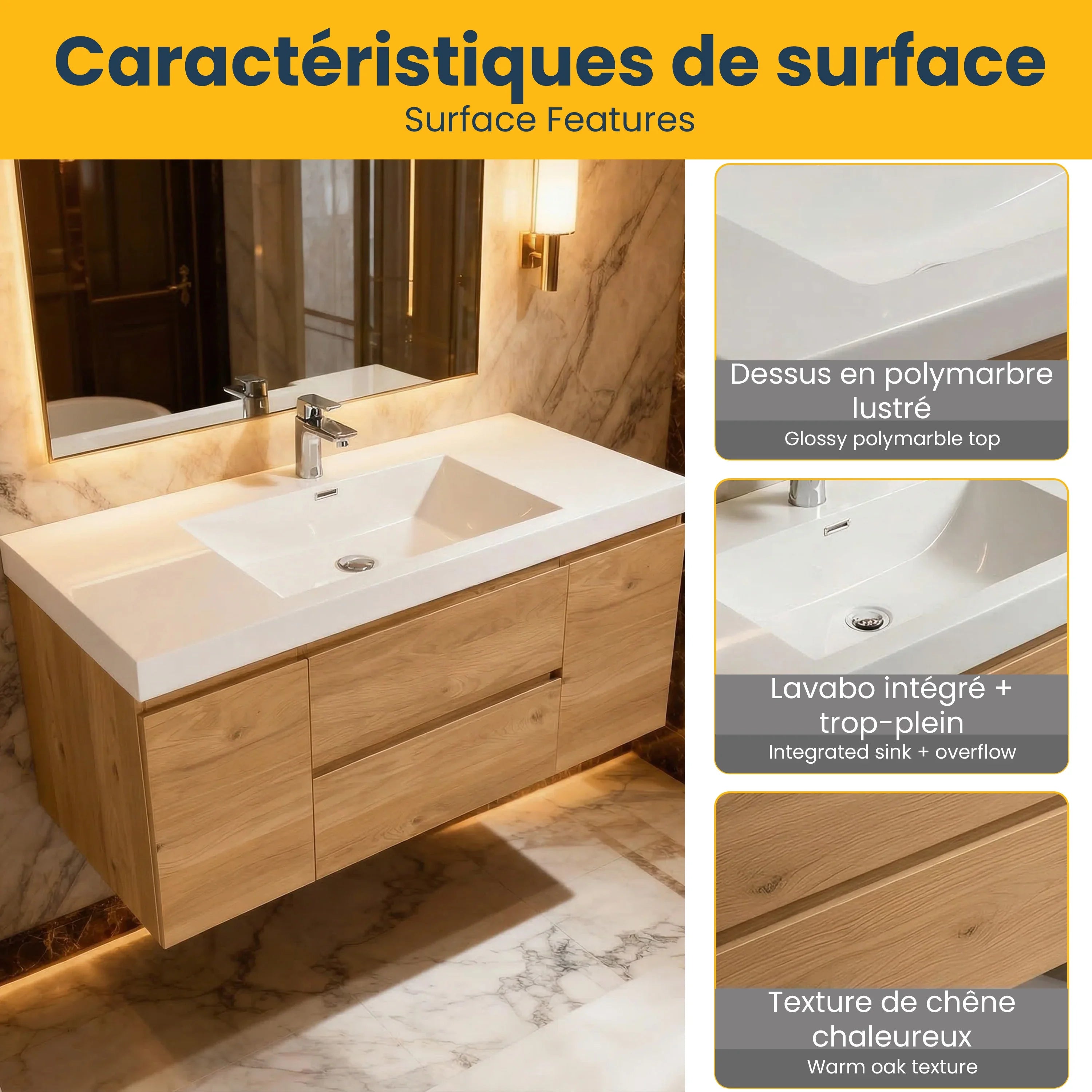 48" Rough Oak Wall Mount Single Sink Bathroom Vanity with White Polymarble Countertop - KD