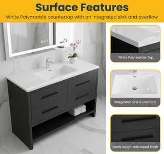 48" Black Rough Oak Freestanding Bathroom Vanity with White Polymarble Countertop