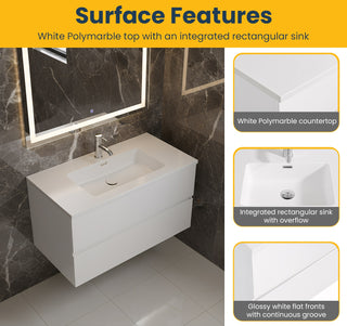 Meuble-Lavabo Mural 36po Blanc avec Comptoir de Polymarbre Blanc