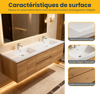 Meuble-Lavabo Mural 72po Chêne Brut avec Comptoir de Polymarbre Blanc