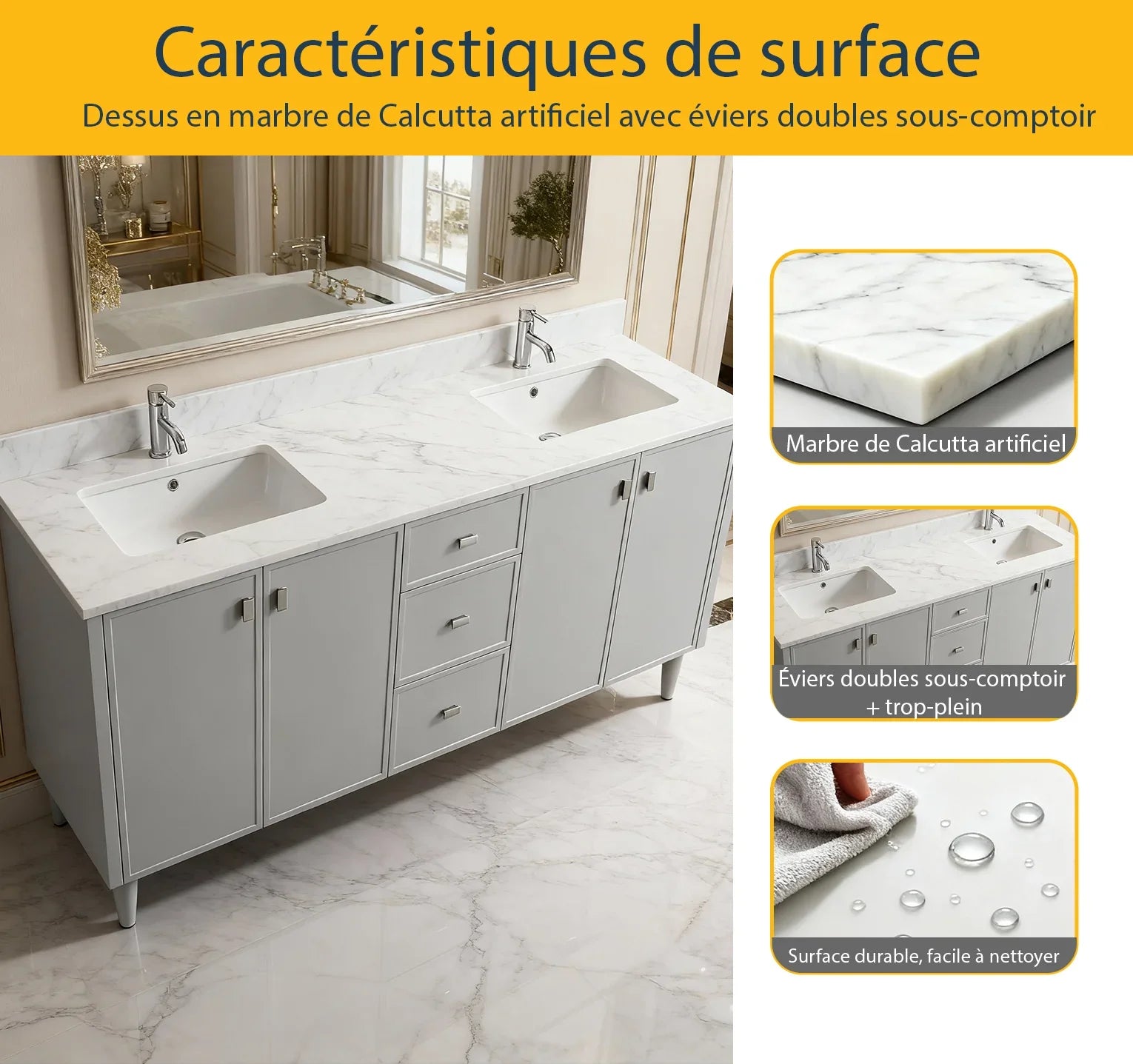 Meuble Lavabo Autoportant 60po Hampton Gris Double Vasque avec Comptoir Marbre Calcutta