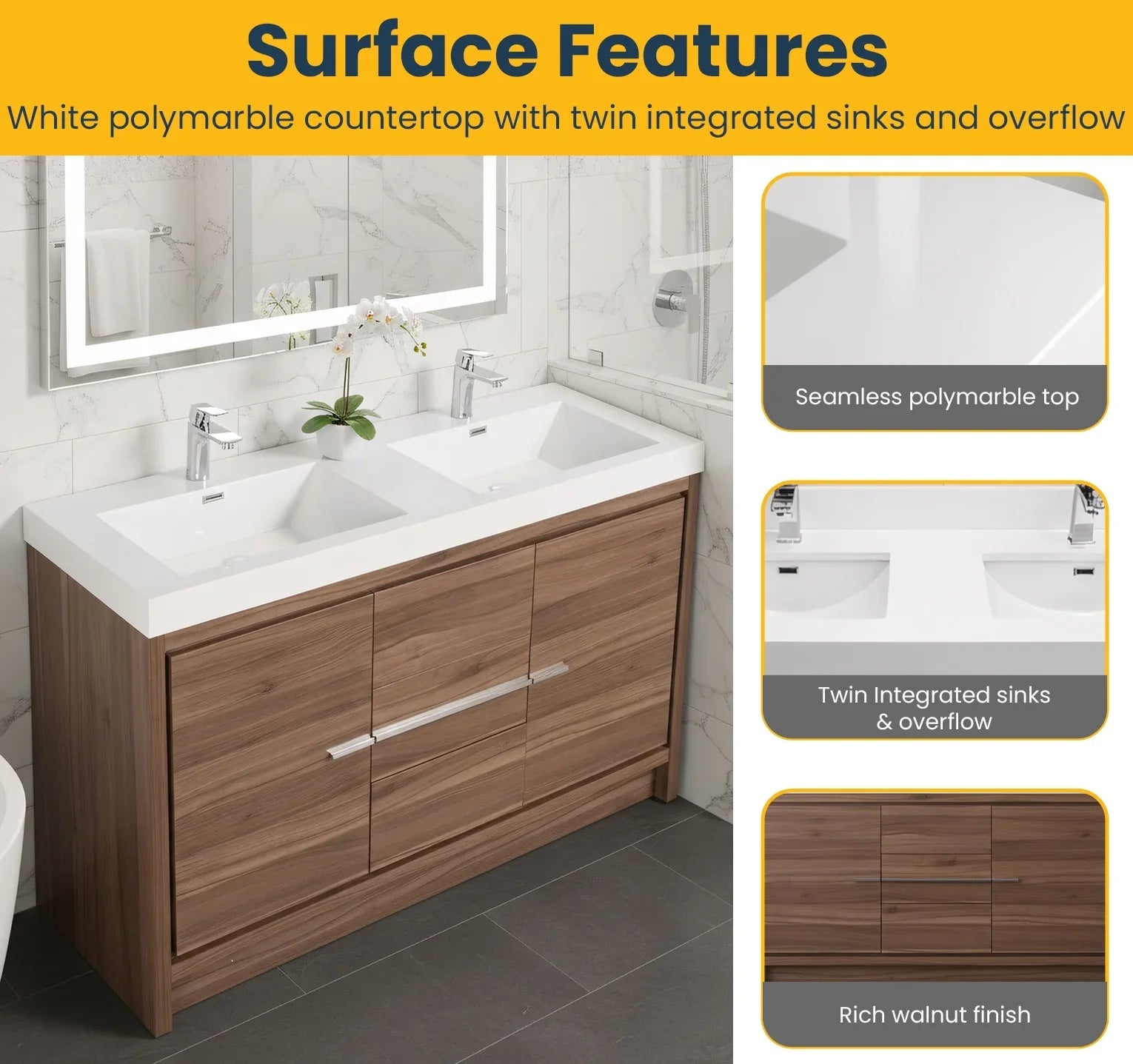 48" Walnut Freestanding Double Sink Bathroom Vanity with White Polymarble Countertop