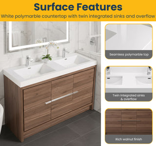 Meuble-Lavabo Autoportant 48po Noyer avec Comptoir de Polymarbre Blanc