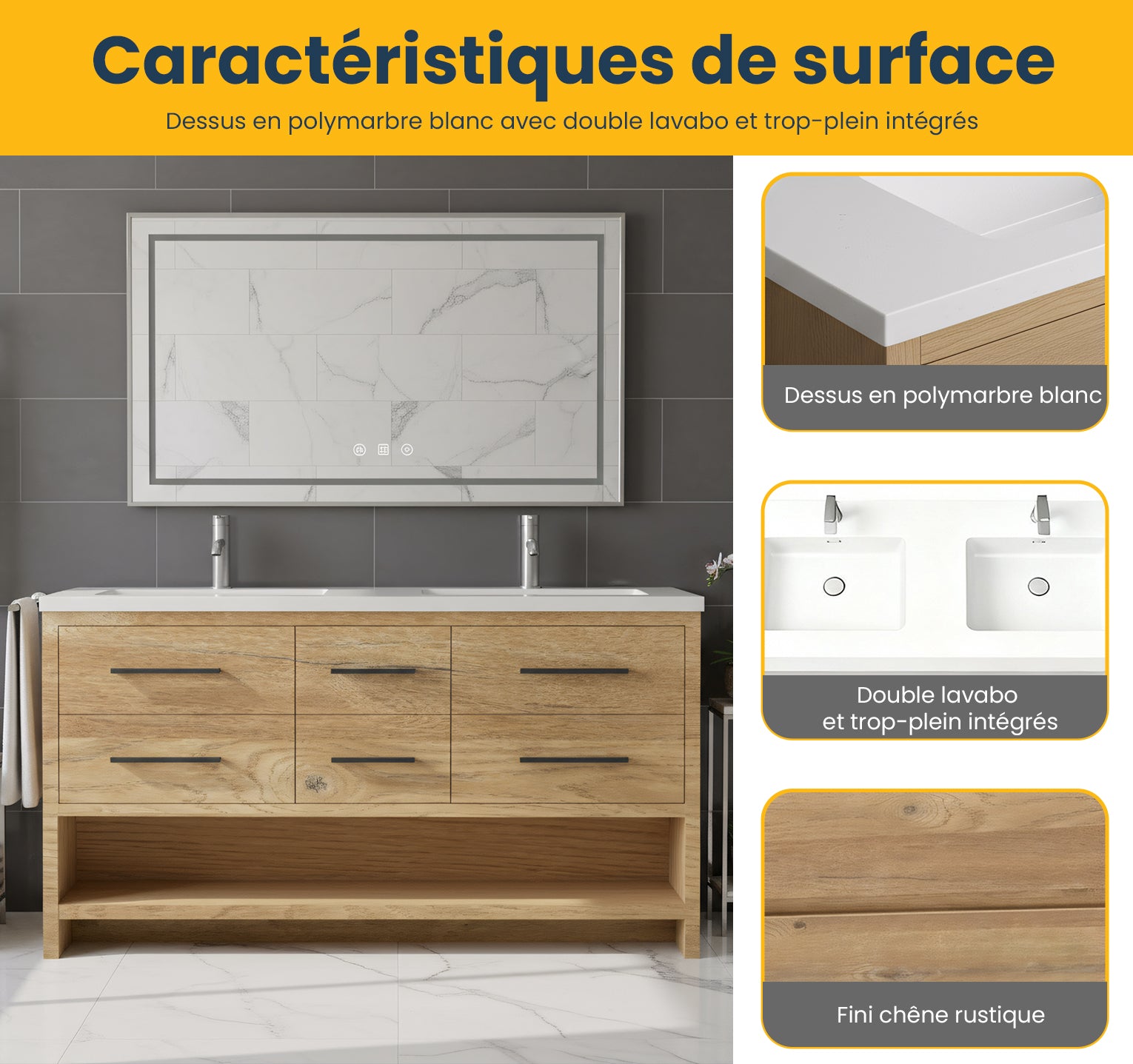 72" Rough Oak Freestanding Double Sink Bathroom Vanity with White Polymarble Countertop