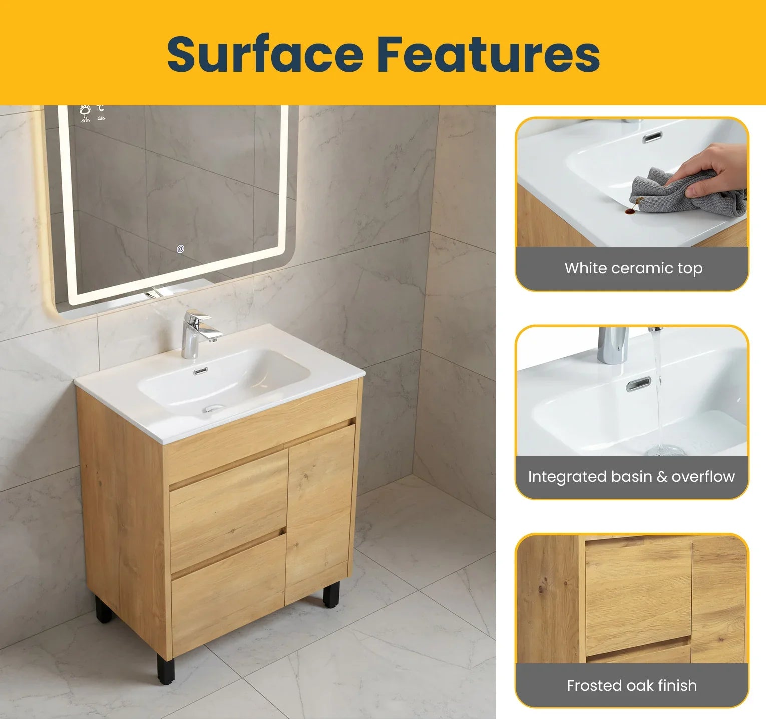 30" Frosted Oak Freestanding Bathroom Vanity with White Ceramic Countertop