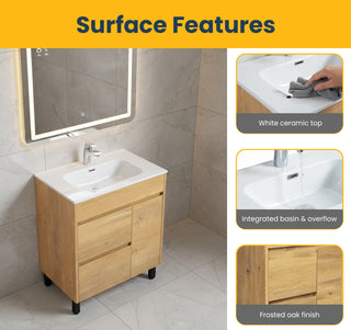 30" Frosted Oak Freestanding Bathroom Vanity with White Ceramic Countertop