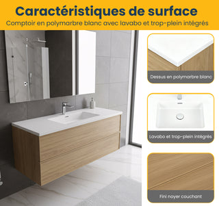 Meuble-Lavabo Mural 48po Noyer Couchant avec Comptoir de Polymarbre Blanc