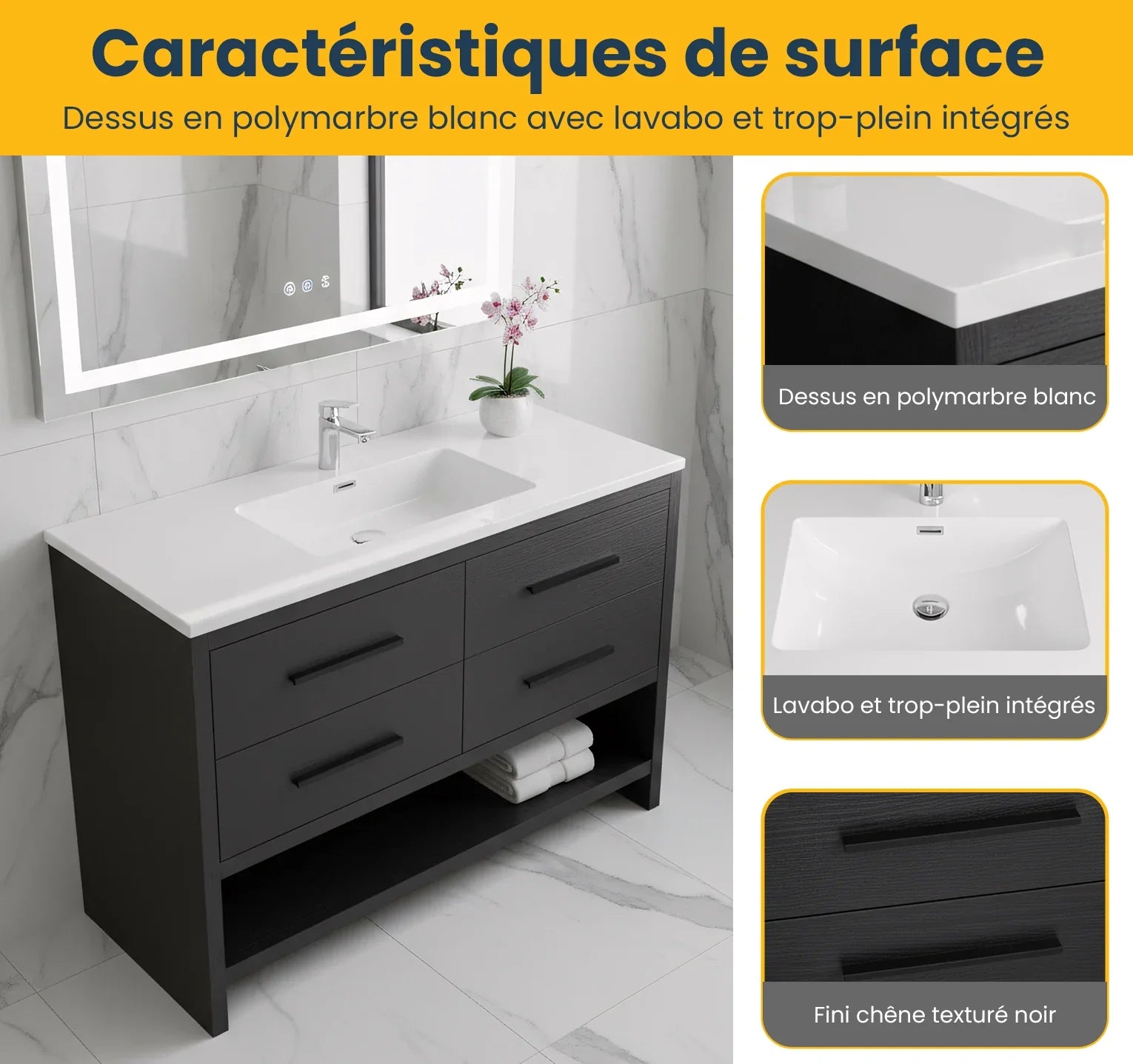 Meuble-lavabo autoportant noir en chêne brut de 48" avec Comptoir en polymarbre blanc
