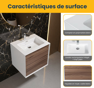 24" Walnut Wall Mount Vanity with White Polymarble Countertop