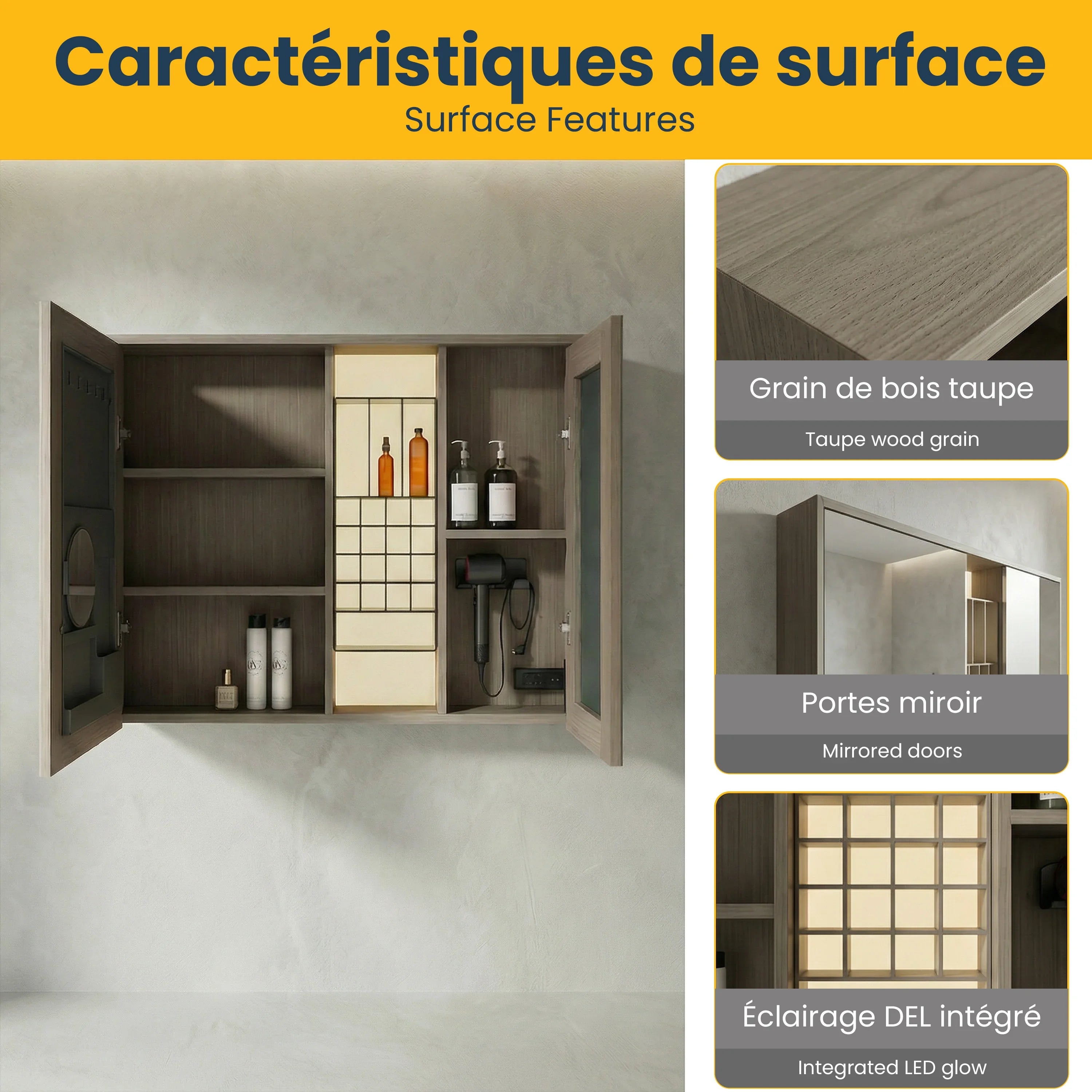 Armoire à pharmacie DEL taupe 40po avec portes coulissantes