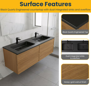 Meuble-Lavabo Mural 60po Noyer Miel Doré avec Comptoir de Quartz d'ingénierie Noir