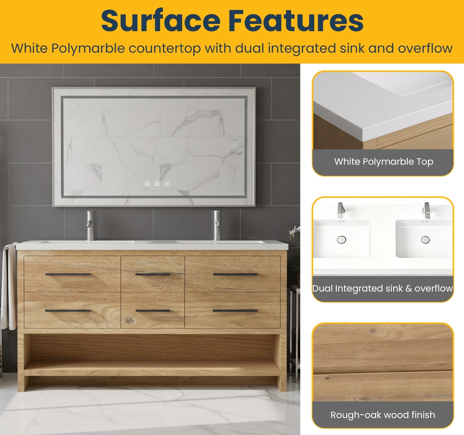 72" Rough Oak Freestanding Double Sink Bathroom Vanity with White Polymarble Countertop