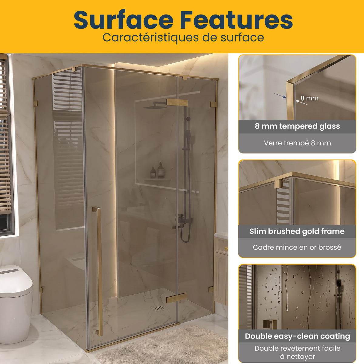 45.6"–46" W (Adjustable Width) x 79" H Frameless Reversible Pivot Shower Door in Brushed Gold with Brown Tinted Glass and 34.1"–34.5" Side Panel