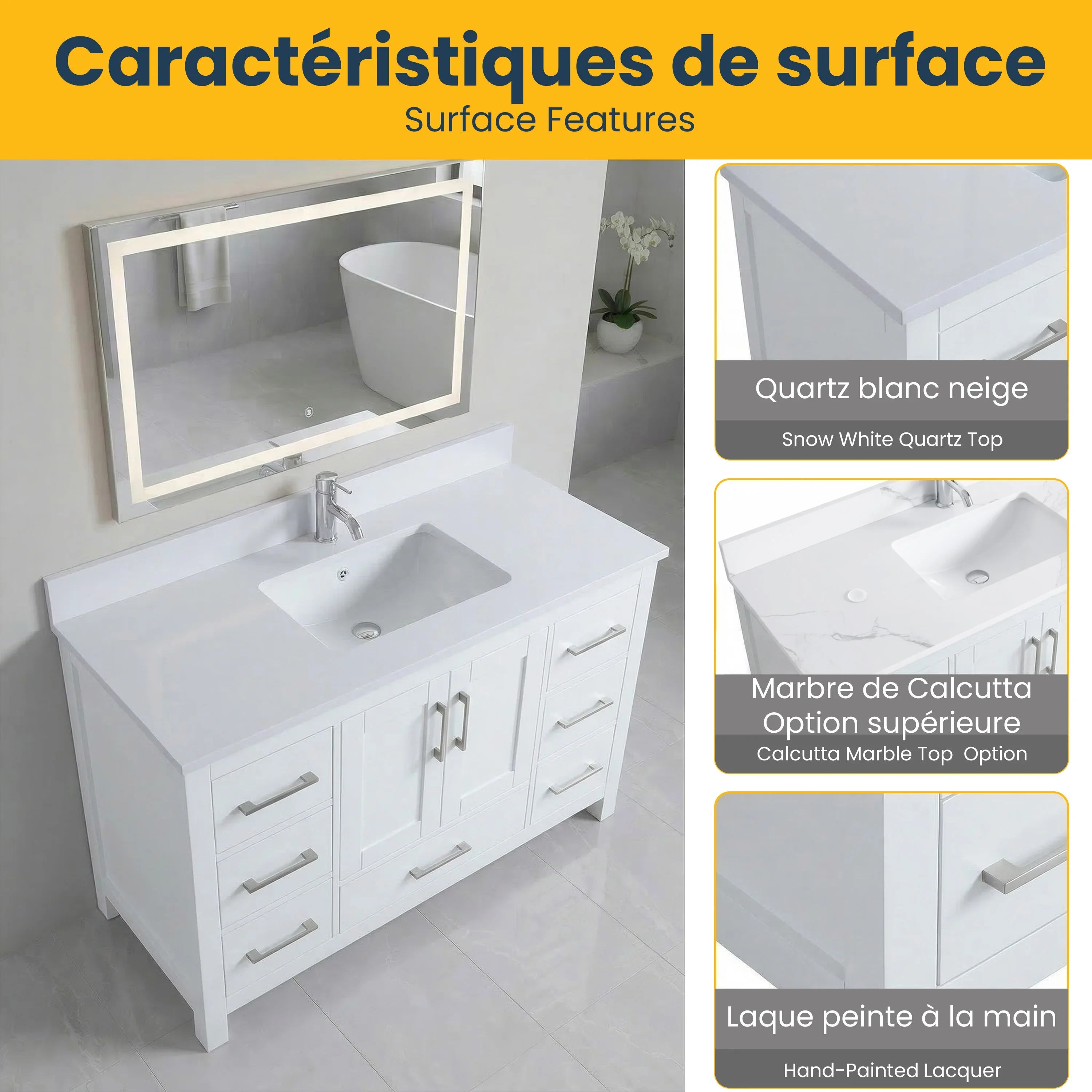 42" White Freestanding Single Sink Bathroom Vanity with Engineered White Marble Countertop