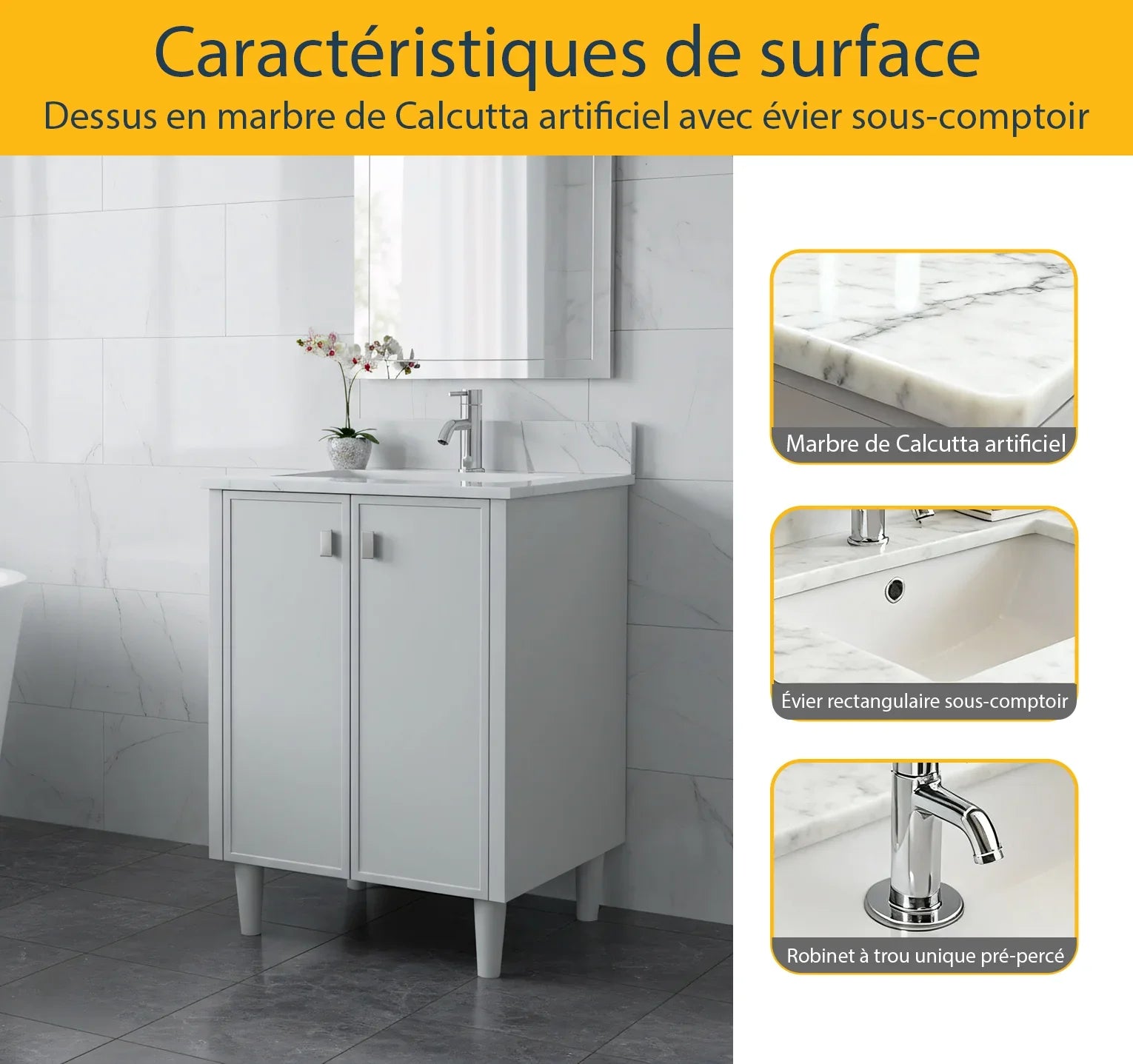 Meuble Lavabo Autoportant 24po Gris Hampton avec Comptoir Marbre Calcutta
