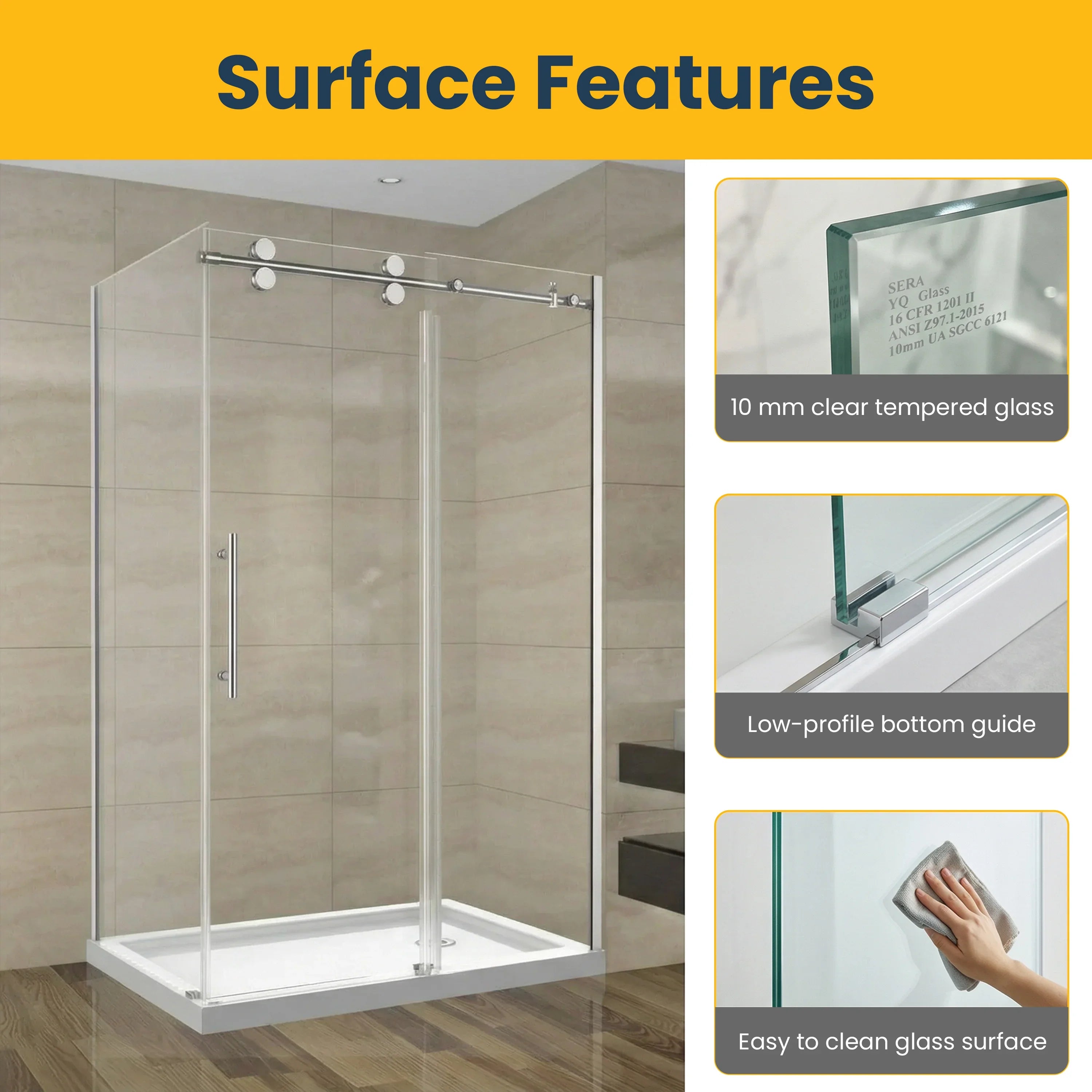 48" x 32" x 75" Reversible Sliding Shower Door with Chrome Hardware – 10mm Tempered Glass Corner Setup