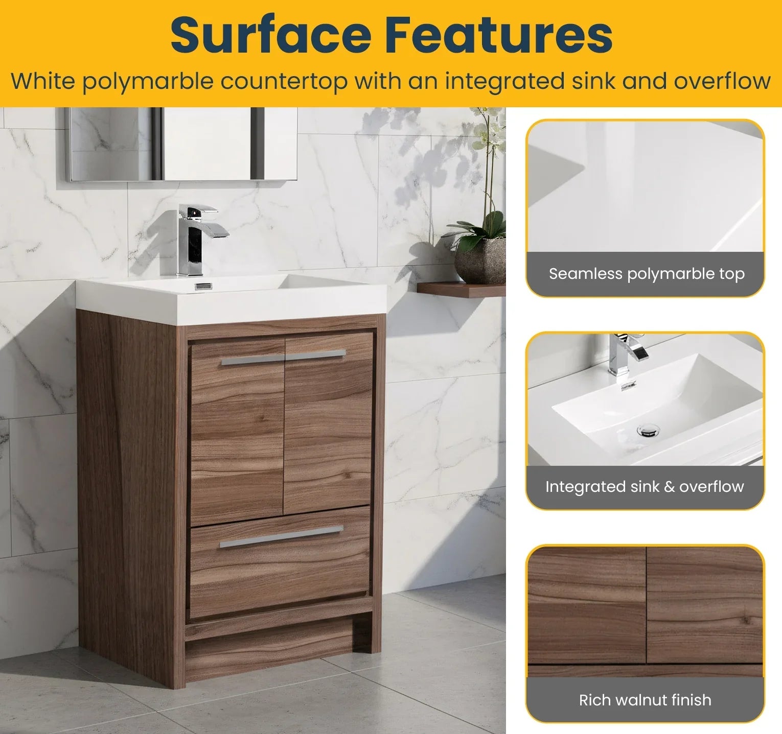 24" Walnut Freestanding Bathroom Vanity with White Polymarble Countertop