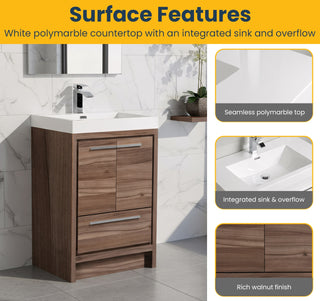 24" Walnut Freestanding Bathroom Vanity with White Polymarble Countertop