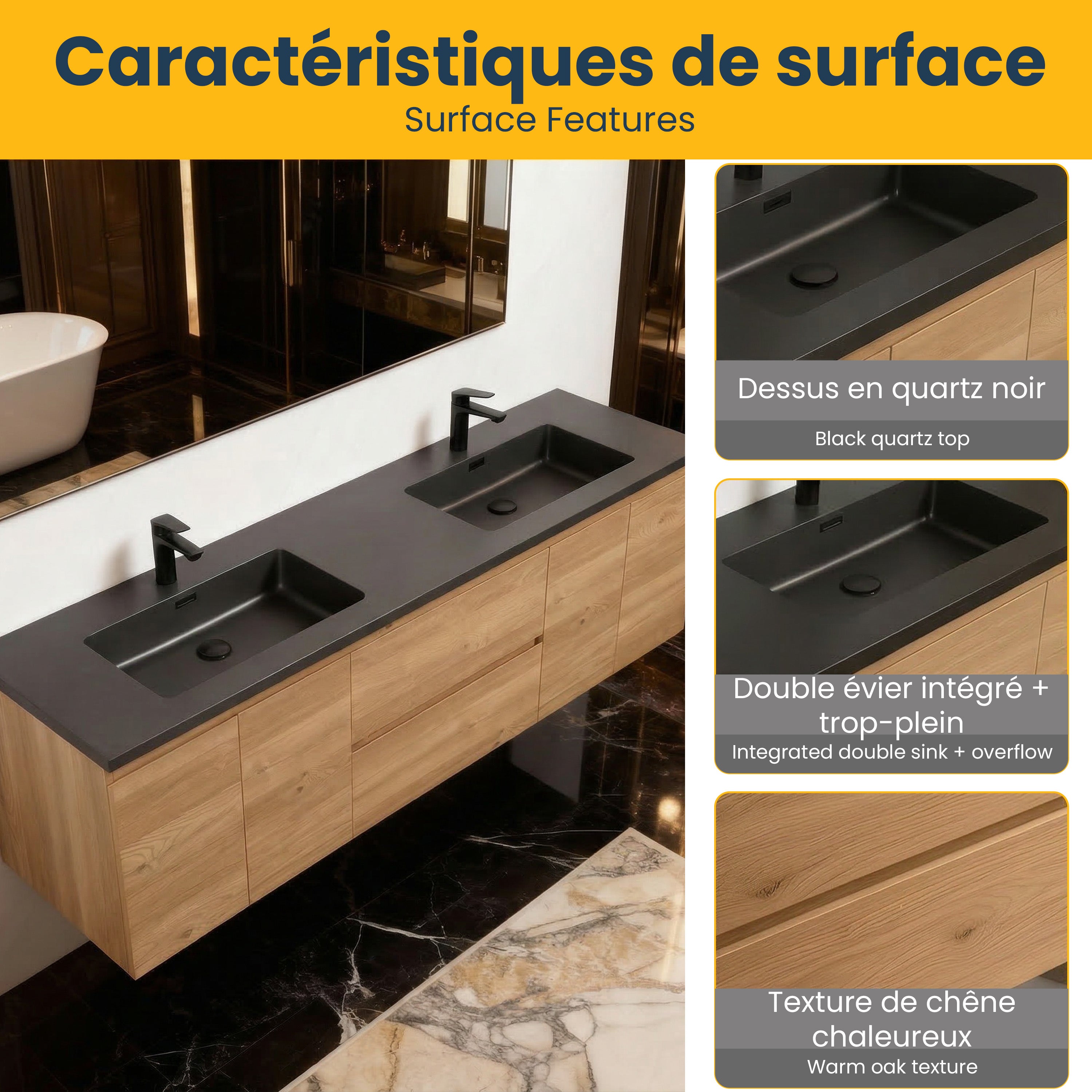 72" Rough Oak Wall Mount Double Sink Bathroom Vanity with Black Quartz Countertop