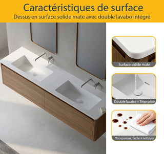 Meuble-Lavabo Mural 72po Noyer avec Comptoir de Surface solide Blanc Mat