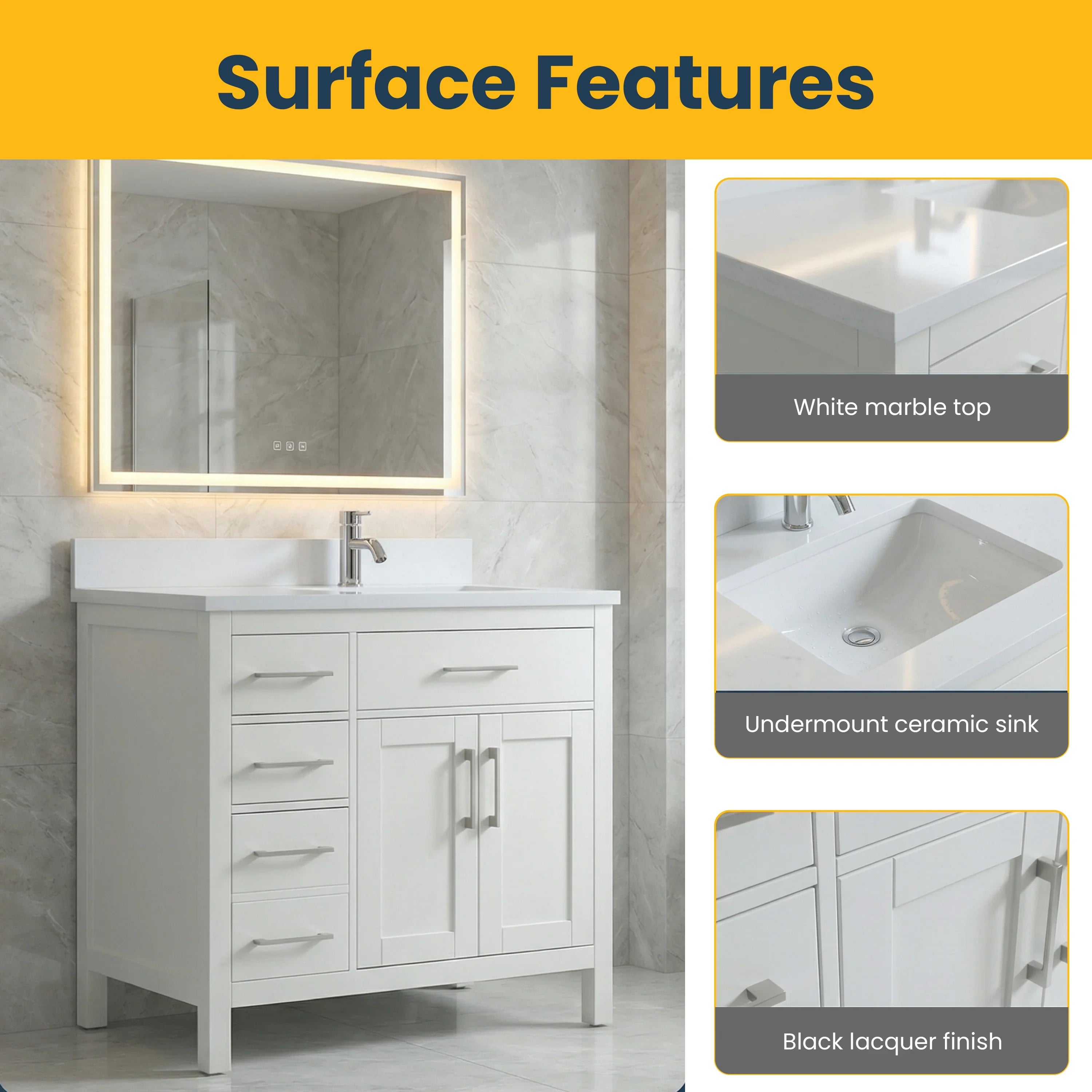 Meuble-lavabo autoportant blanc de 36 po avec comptoir en marbre blanc reconstitué