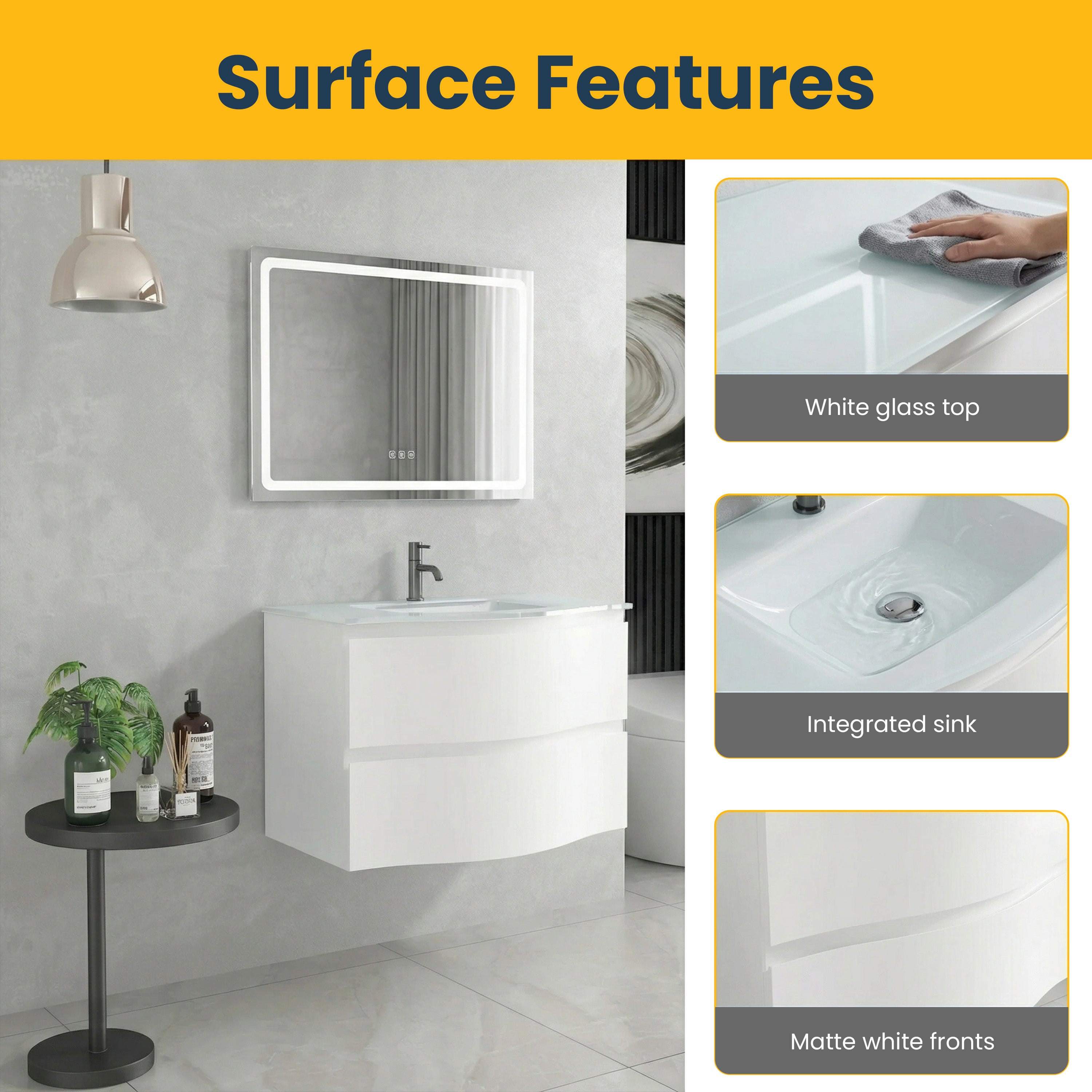 30" Matte White Wall Mount Single Sink Bathroom Vanity with White Glass Countertop