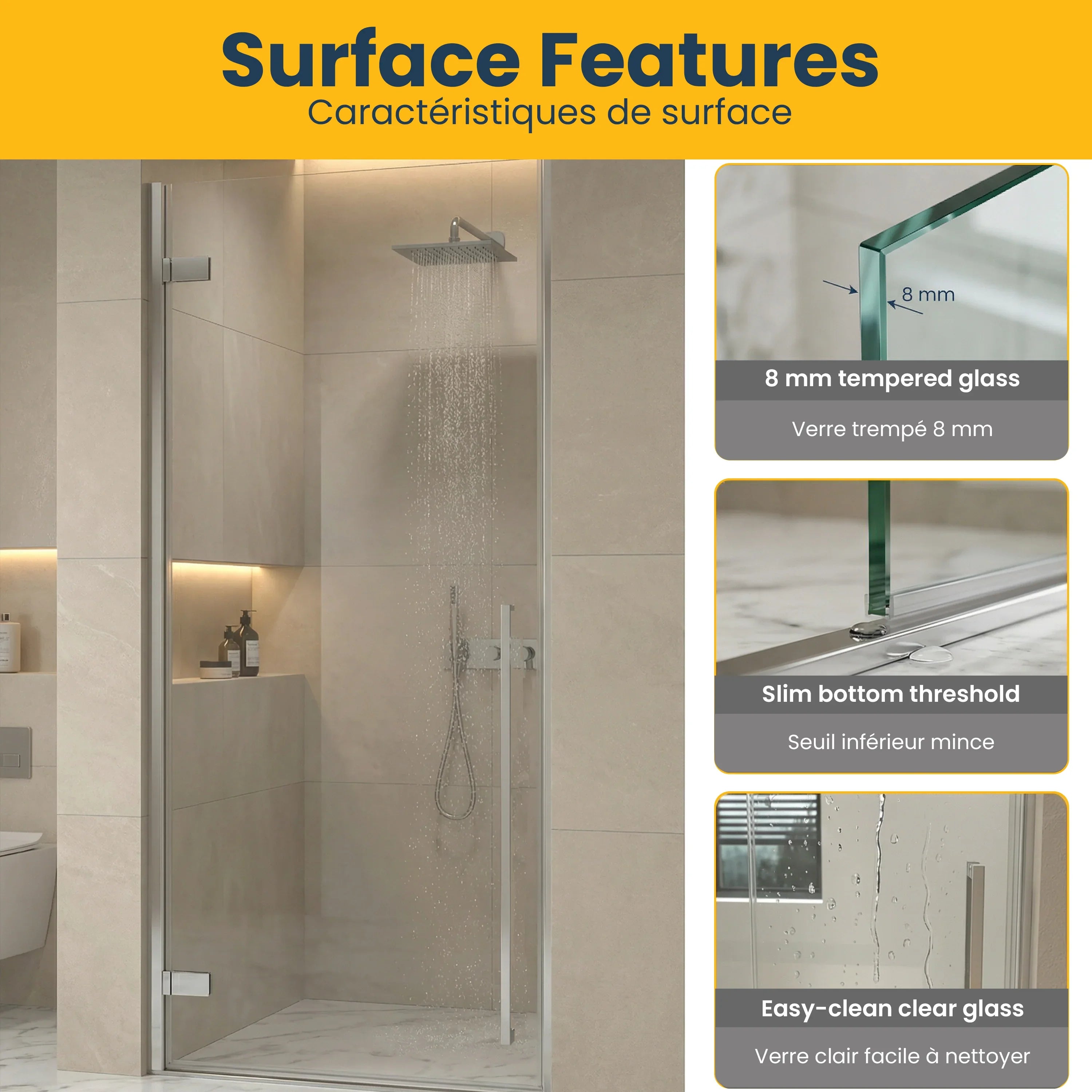 32" x 79" Reversible Chrome Pivot Shower Door with Clear Tempered Glass