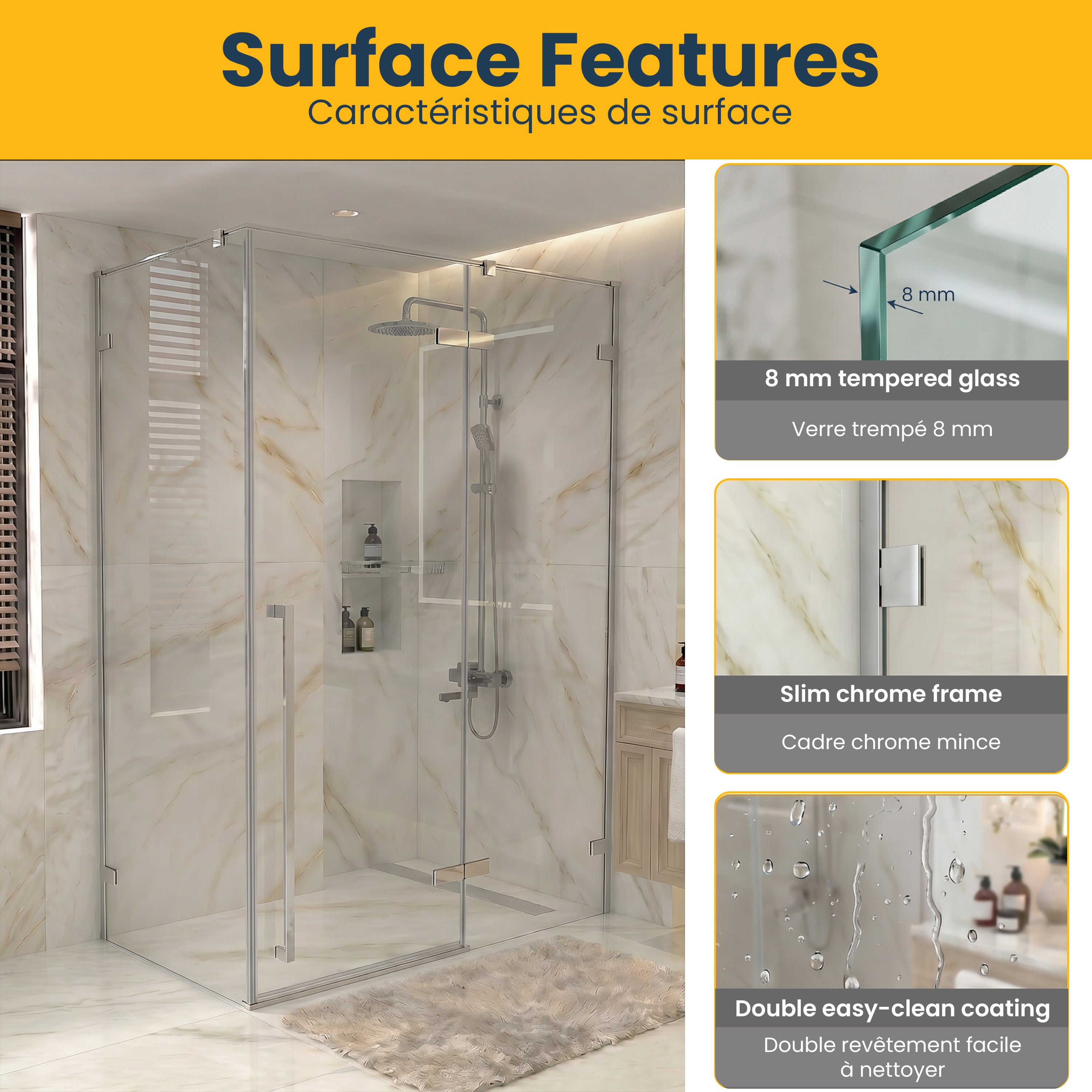 Porte de douche pivotante chromée 60po x 79po avec panneau latéral 32po - Verre trempé clair