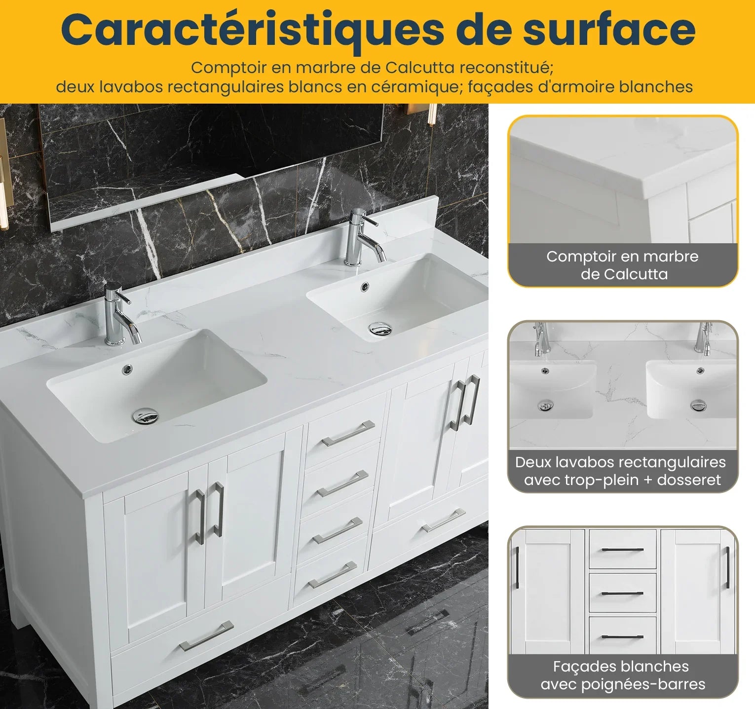 Meuble-Lavabo Autoportant 60po Blanc avec Comptoir de Marbre Ingénierie Calcutta