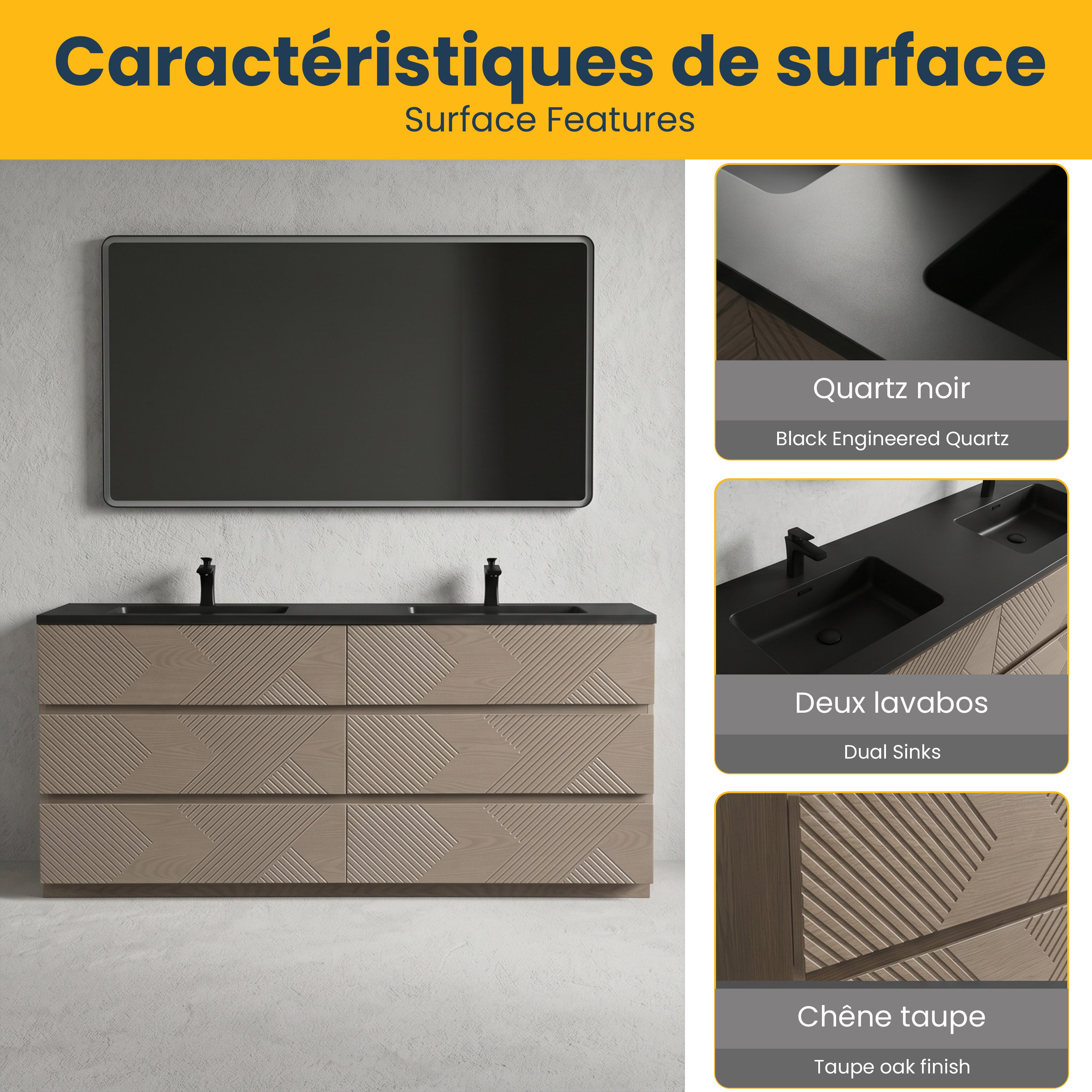 72" Taupe Oak Freestanding Double Sink Vanity with Black Engineered Quartz Countertop