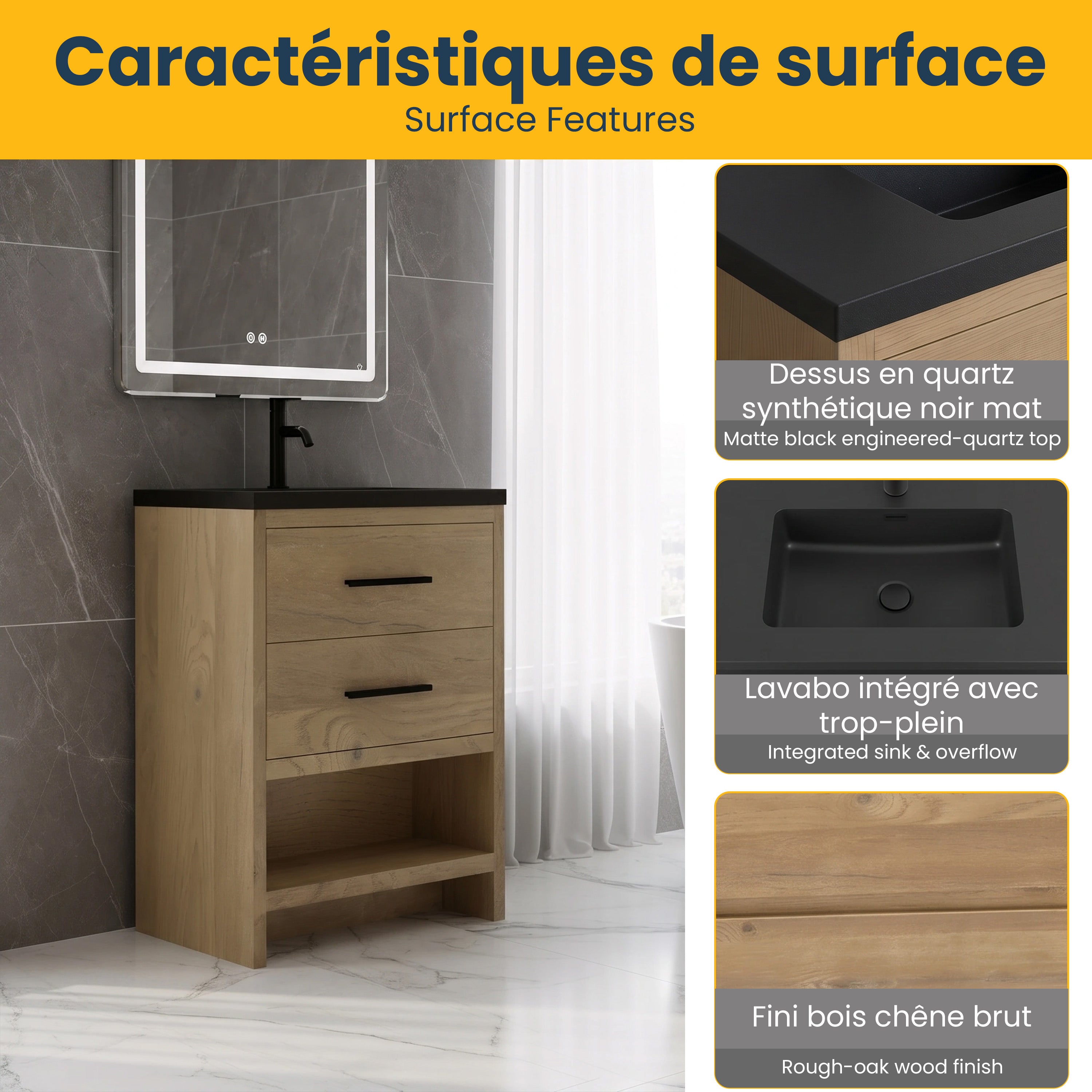 24" Rough Oak Freestanding Bathroom Vanity with Black Engineered Quartz Countertop