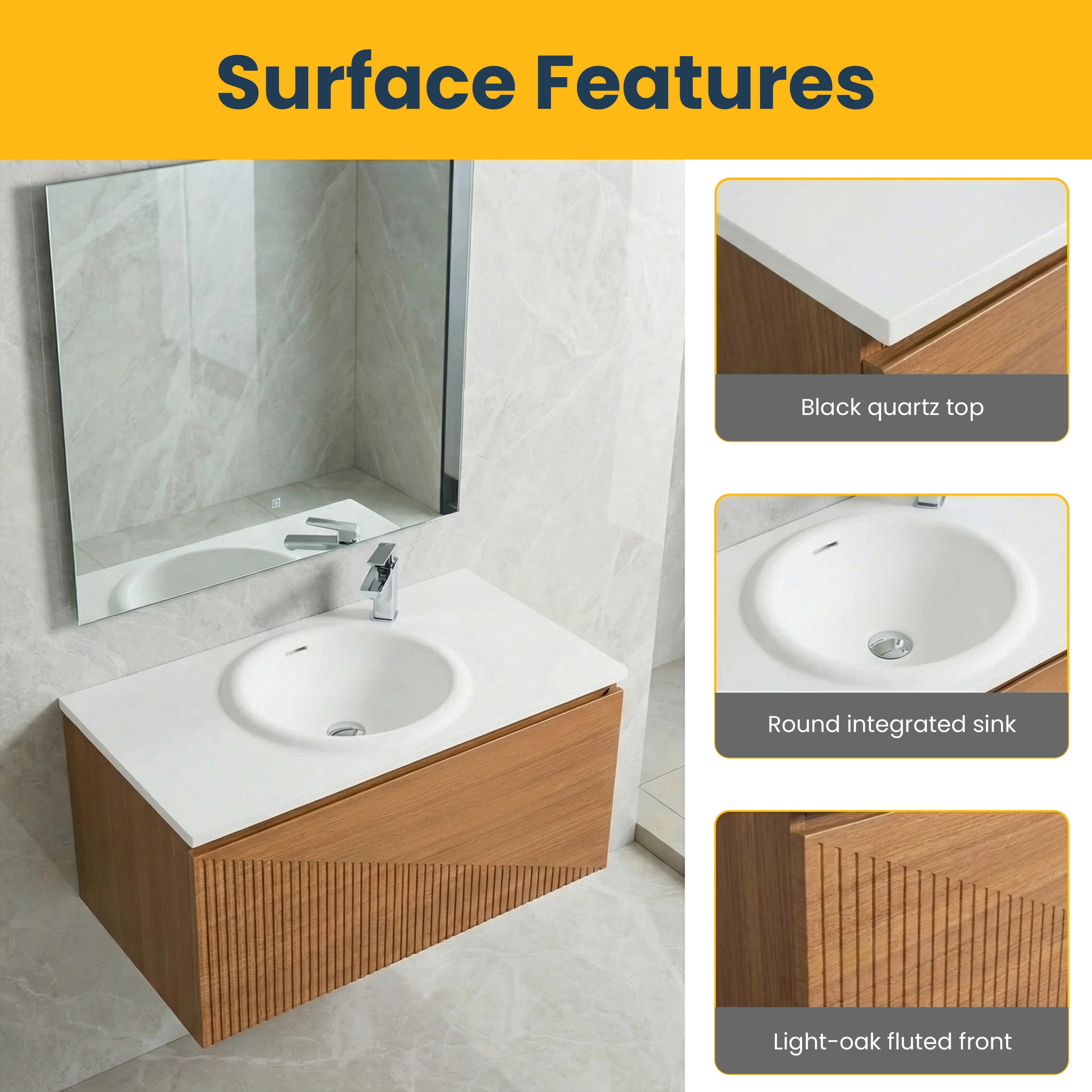 36" Light Oak Wall Mount Bathroom Vanity with White Solid Surface Countertop