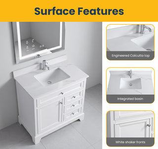 36" White Freestanding Bathroom Vanity with Engineered Calcutta Marble Countertop