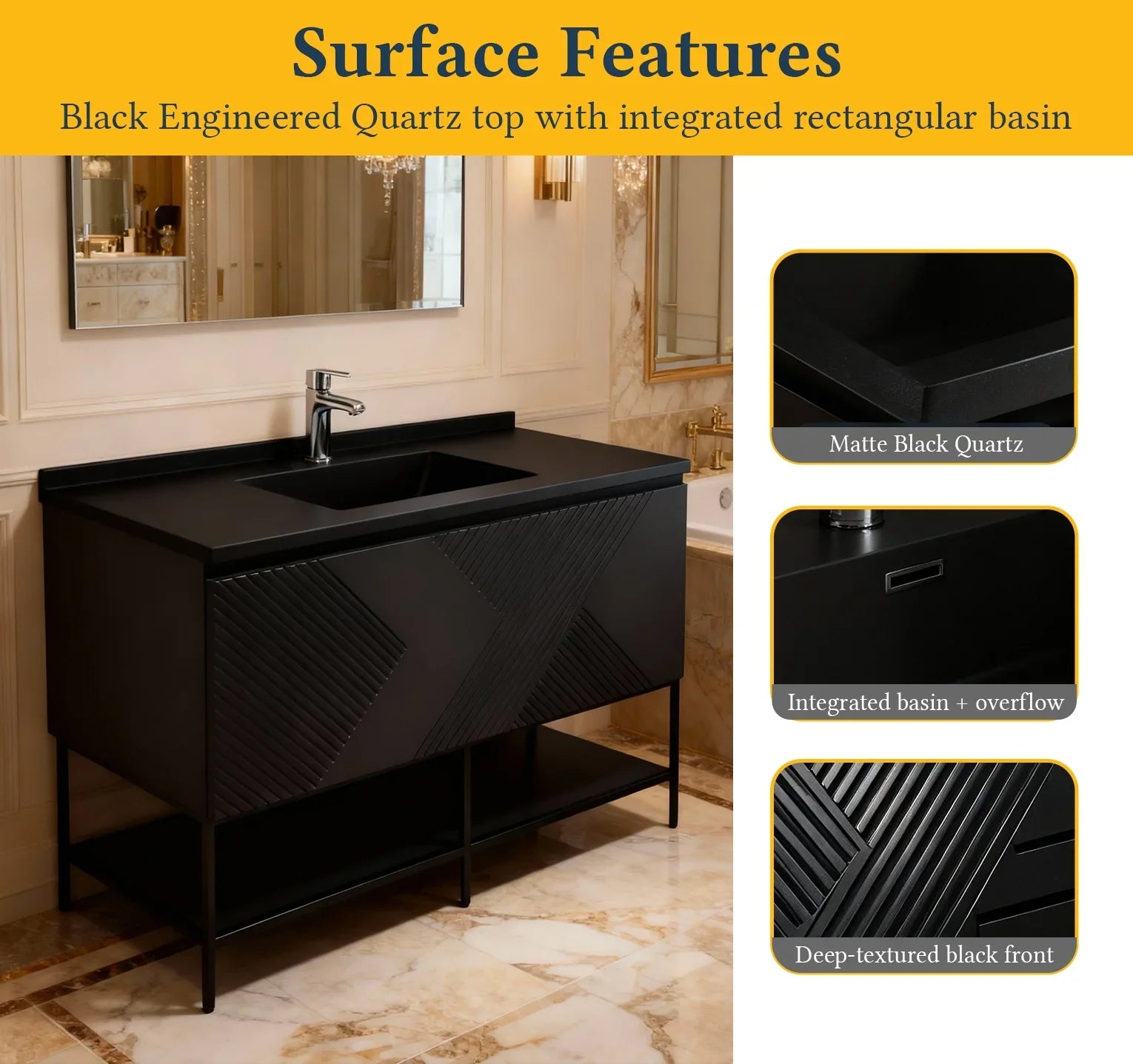 Meuble-Lavabo Mural 48po Noir avec Comptoir de Quartz d'ingénierie Noir