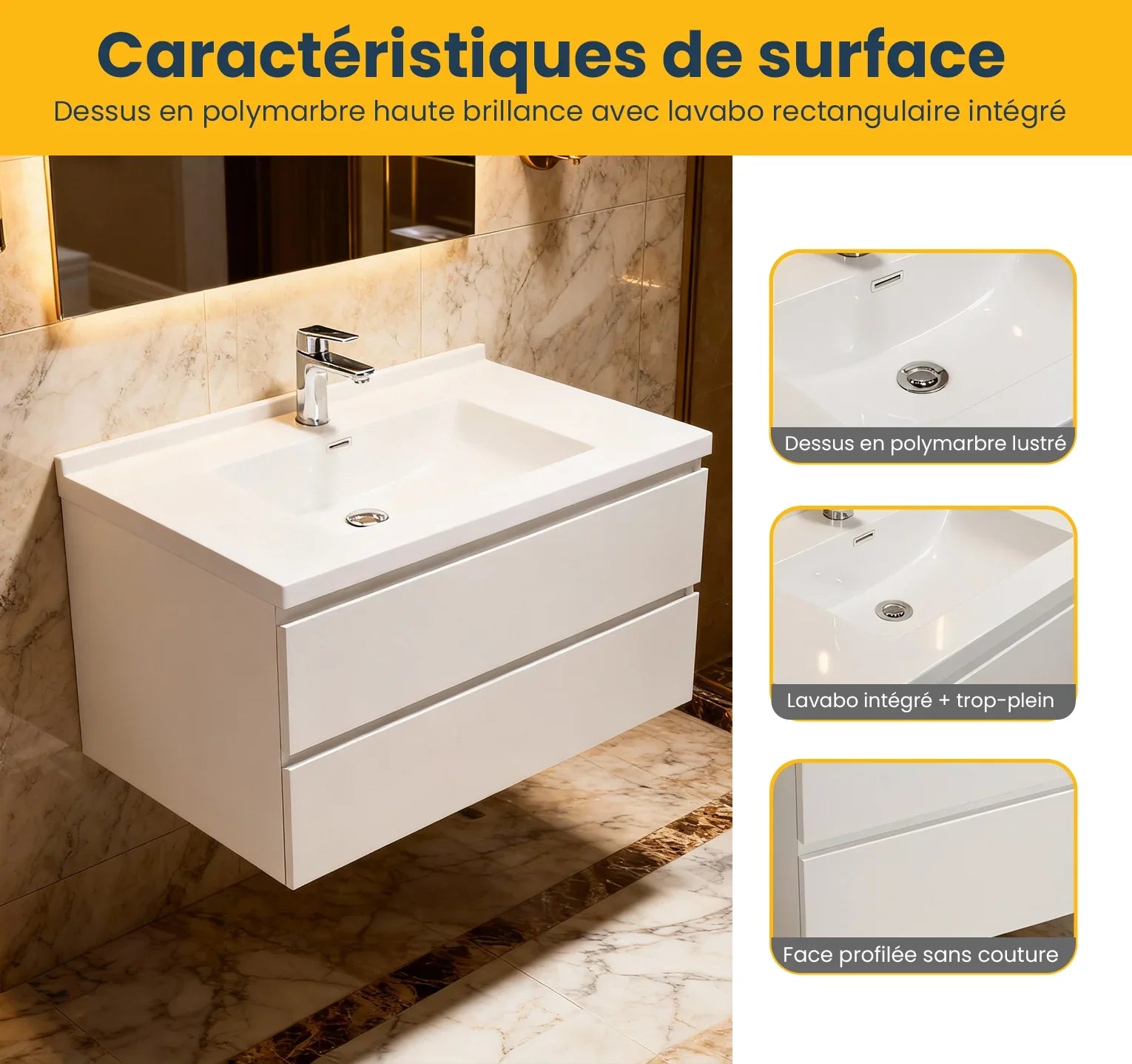 Meuble-Lavabo Mural 30po Blanc Brillant avec Comptoir de Polymarbre Blanc 