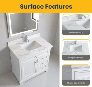 36" White Freestanding Single Sink Bathroom Vanity with Calcutta Quartz Countertop