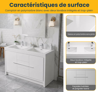 48" Glossy White Freestanding Double Sink Bathroom Vanity with White Polymarble Countertop