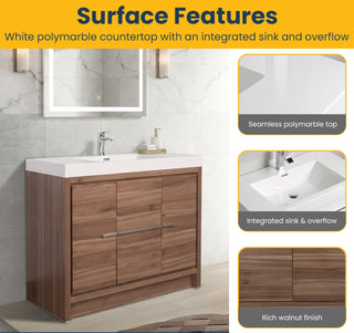 48" Walnut Freestanding Bathroom Vanity with White Polymarble Countertop