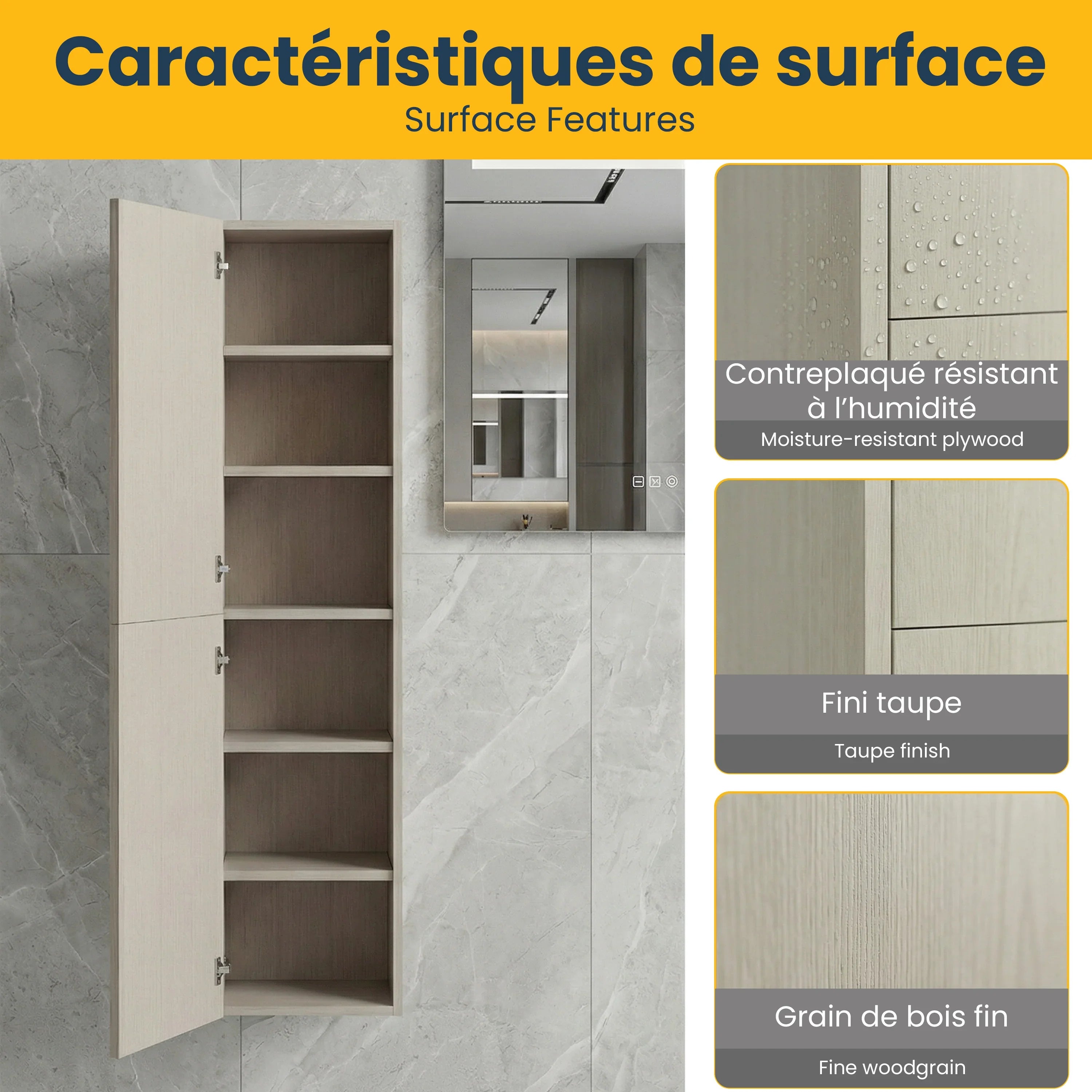 Meuble de rangement mural Hillcrest Taupe à 2 portes avec étagères - Rangement de salle de bain