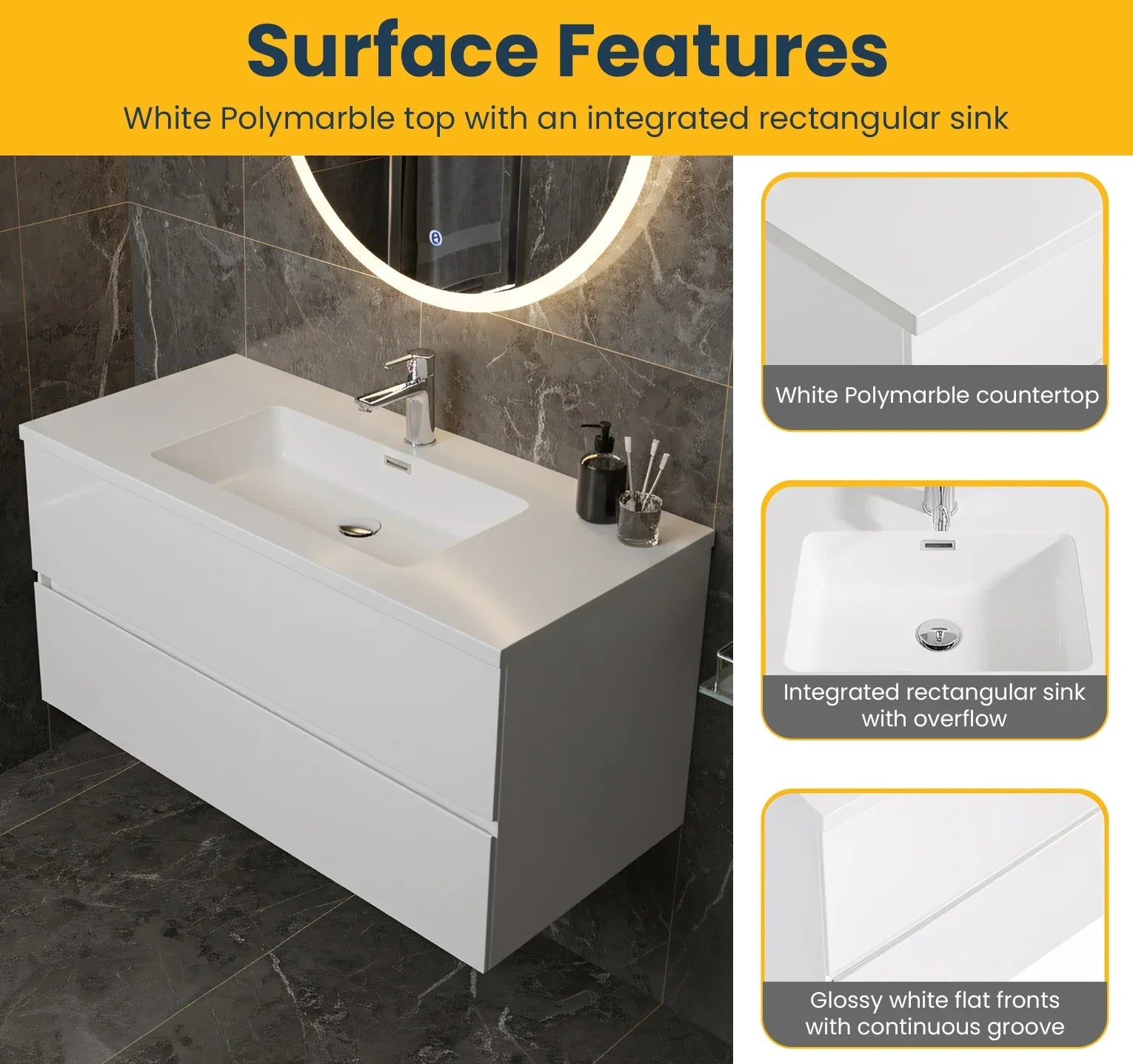 48" White Wall Mount Single Sink Bathroom Vanity with White Polymarble Countertop