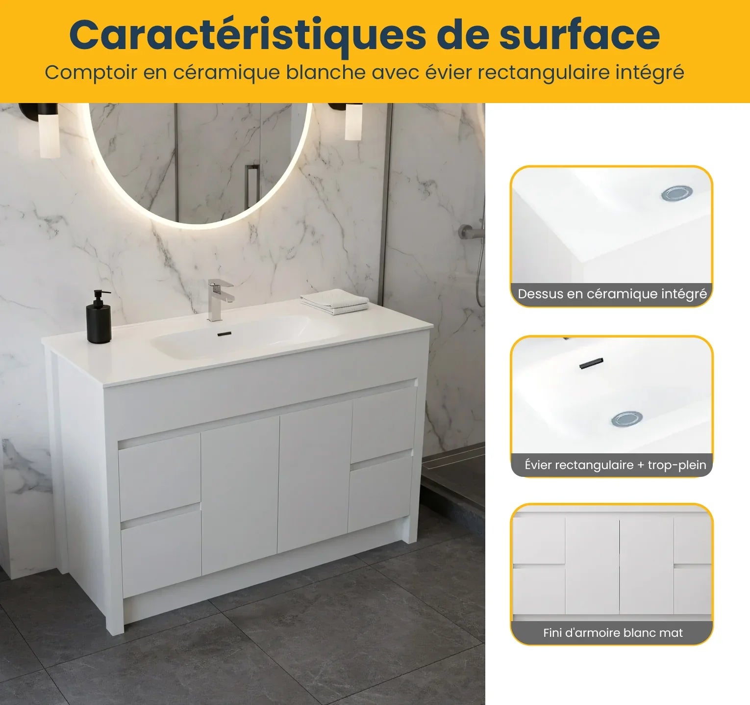 Meuble-Lavabo Autoportant 48po Blanc Mat avec Comptoir de Céramique Blanc