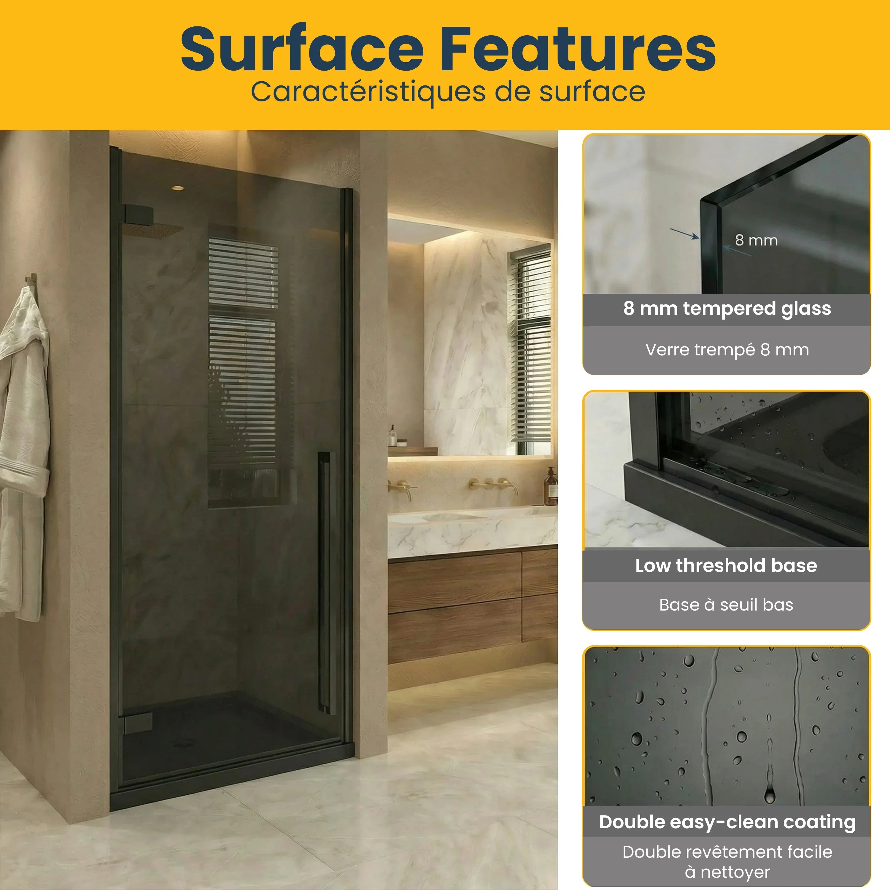 Porte de douche pivotante réversible noir mat 32po x 79po avec verre teinté noir et base de douche acrylique noire brillante 32po x 32po