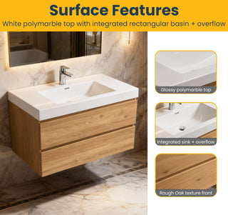 36" Rough Oak Wall Mount Bathroom Vanity with White Polymarble Countertop