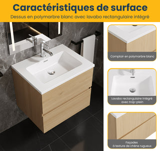 Meuble-Lavabo Mural 24po Chêne Brut avec Comptoir de Polymarbre Blanc